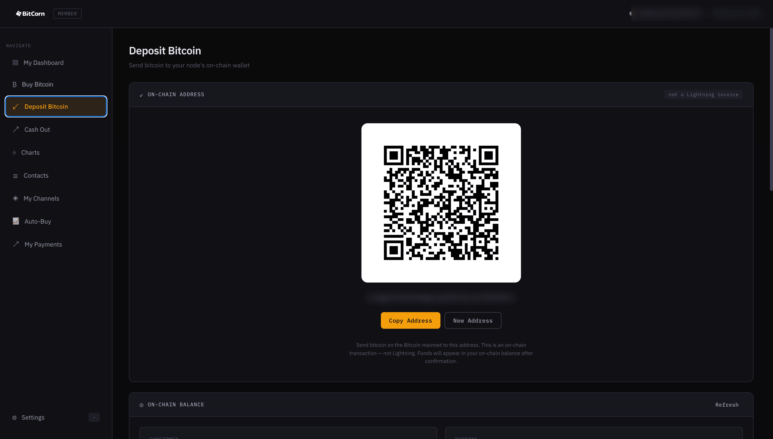 BitCorn Node deposit screen — send Bitcoin to your node's on-chain wallet
