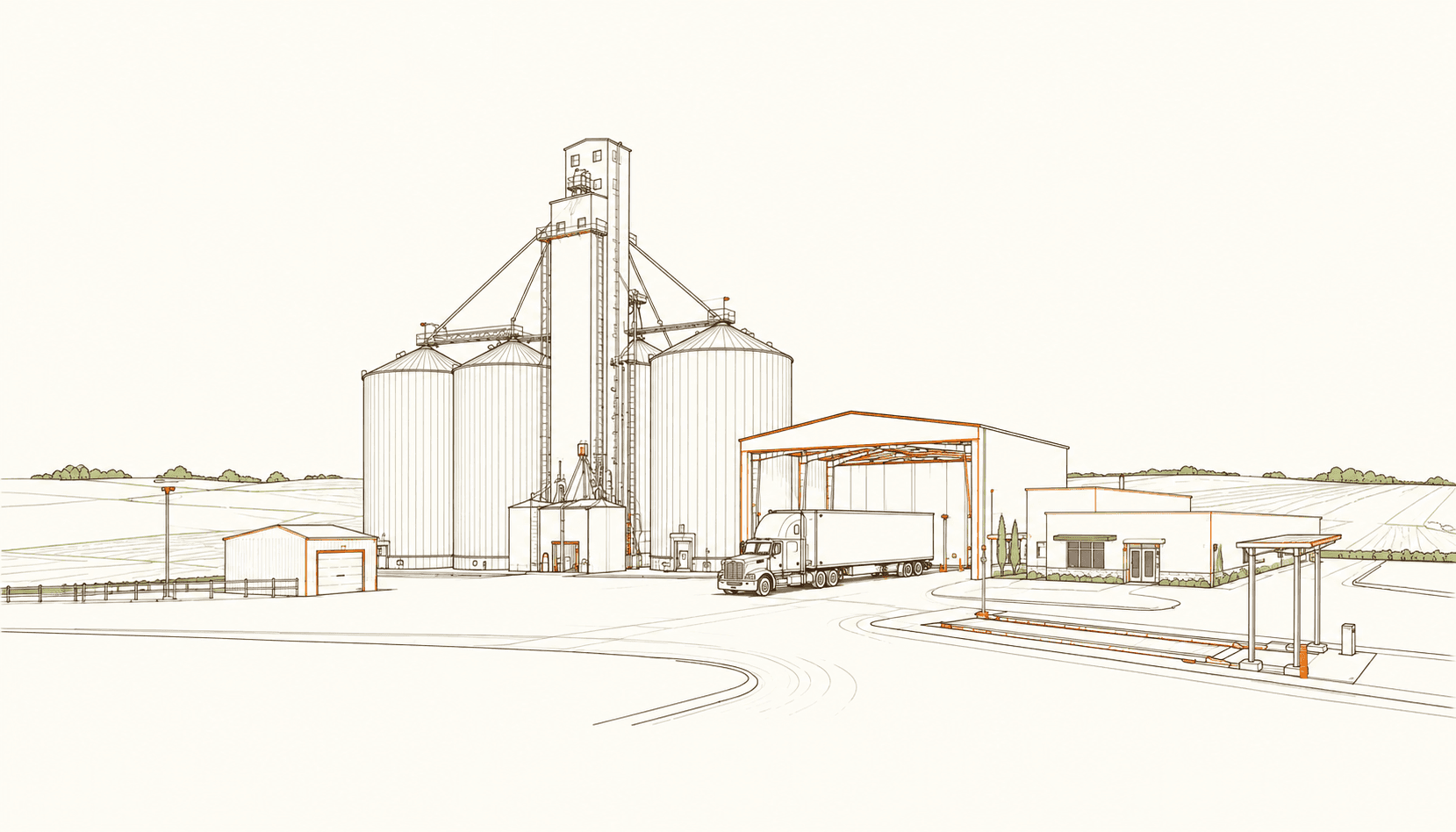 A line drawing of an agricultural business complex — grain elevator, storage silos, a co-op loading dock with a semi truck, and a weigh station