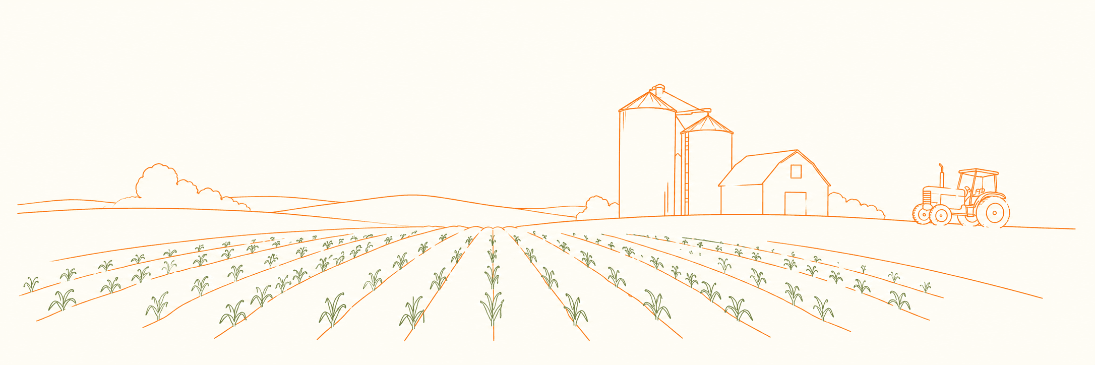 A line drawing of an Iowa farm — fields, grain silos, a barn, and a tractor