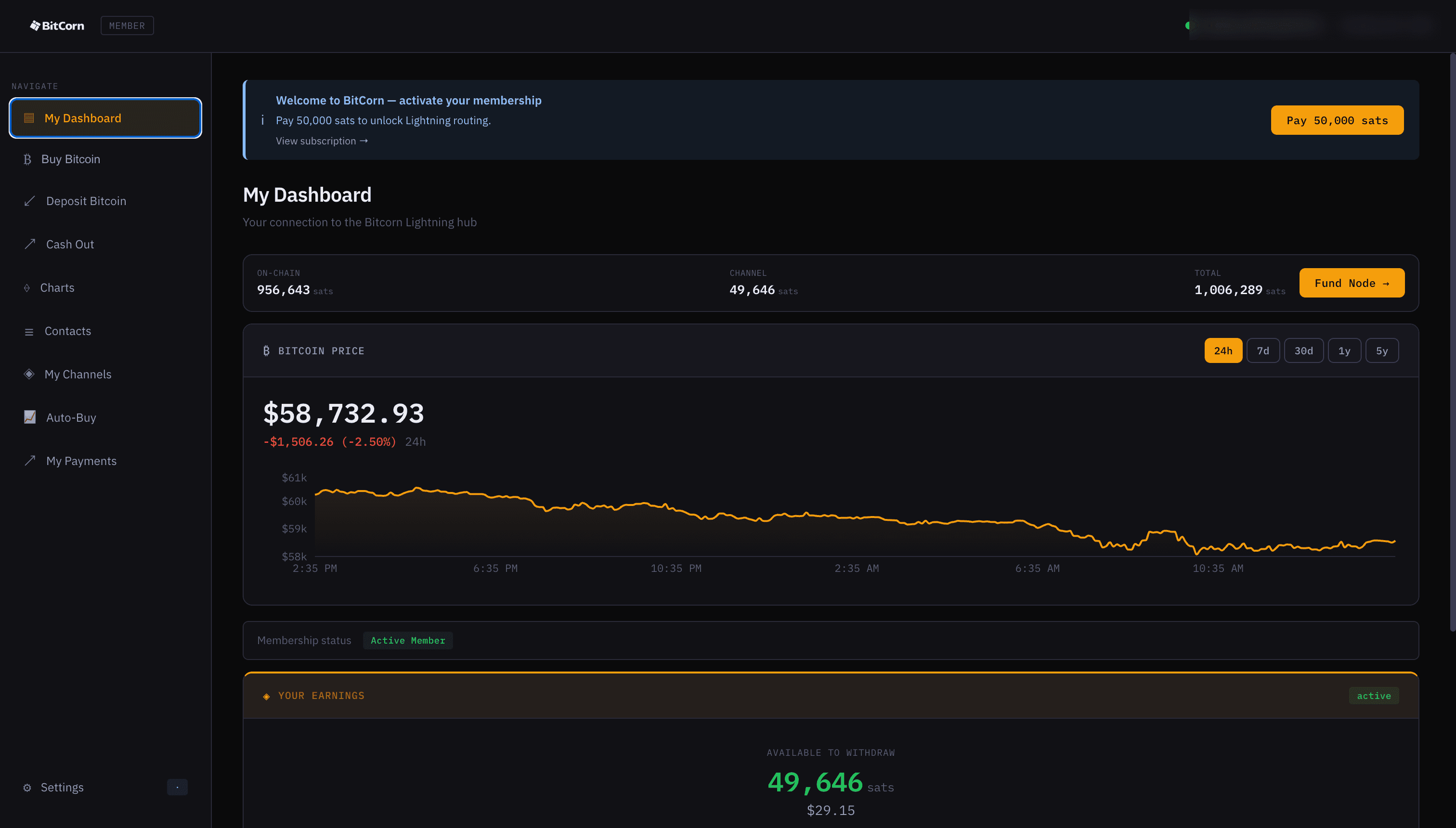 BitCorn Node dashboard — Bitcoin price, balances, membership status, and operations